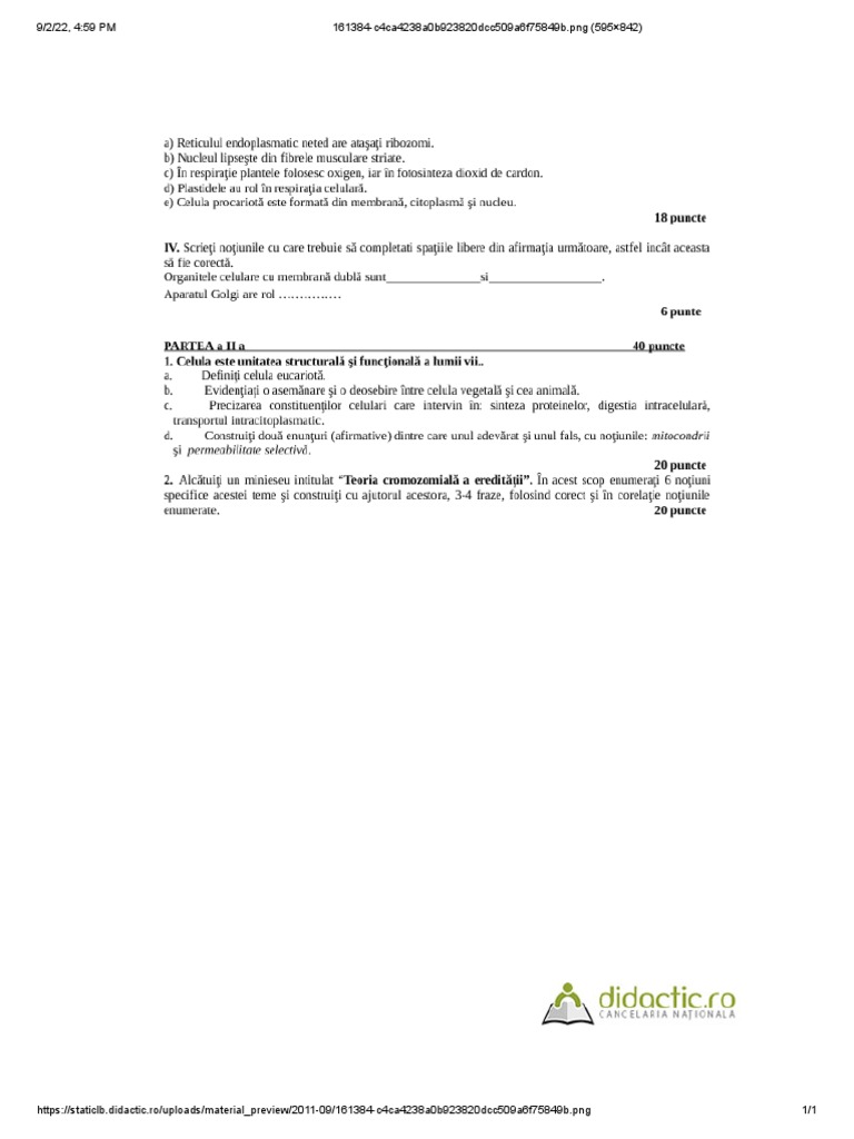 Test Initial Biologie Clasa A 10 A c1 Profil SN | PDF