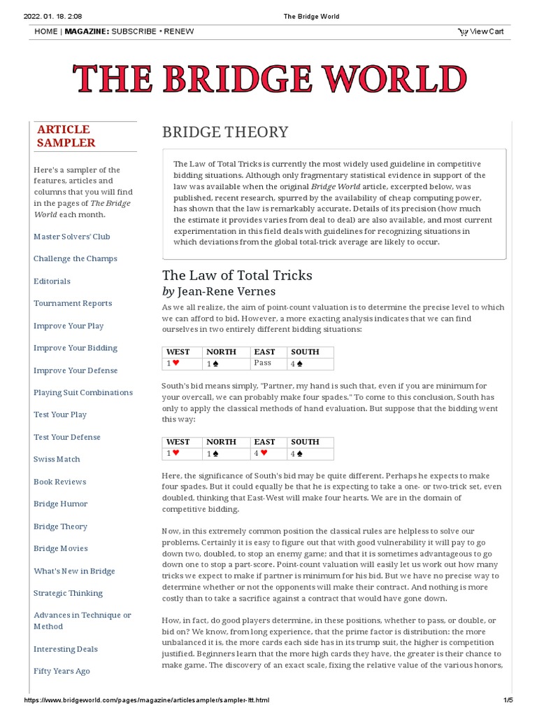 Jean-René Vernes - The Law of Total Tricks (The Bridge World) | PDF ...