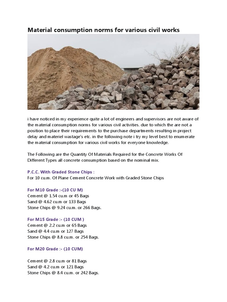 Material Consumption Norms for Civil Works | PDF | Concrete | Cement