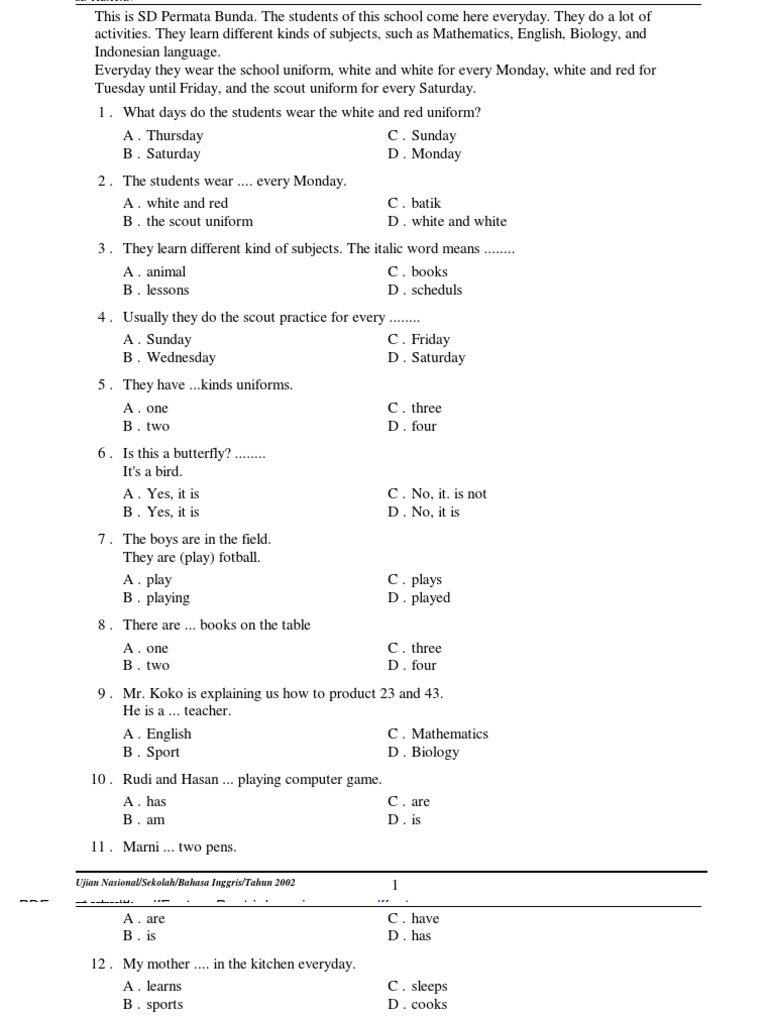 Soal Uasbn Bahasa Inggris Sd Indonesian Language Nature