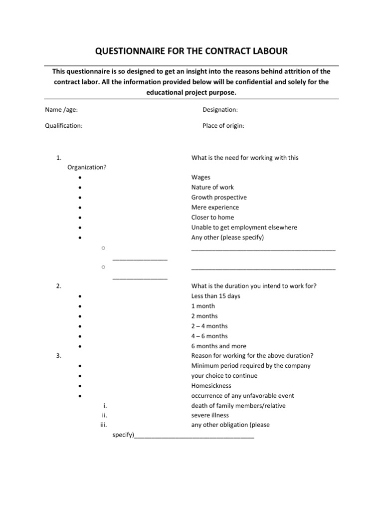 Questionnaire For The Contract Labour | PDF | Career & Growth