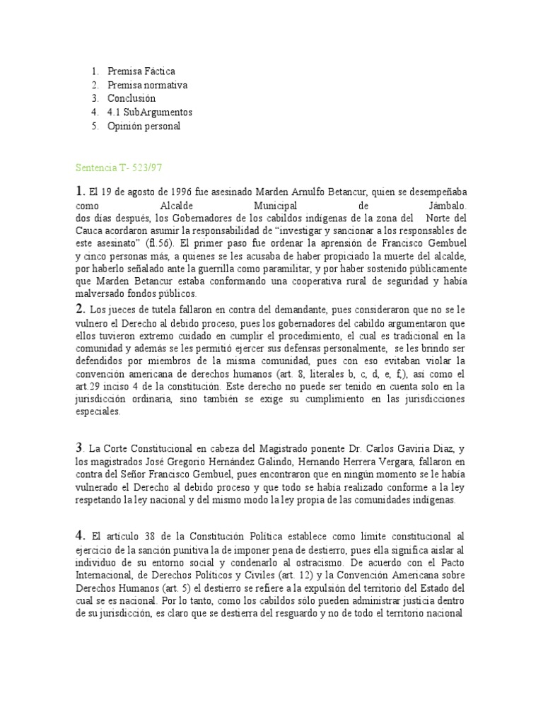 Taller Sentencia T 523 97 | PDF | Debido al proceso | Tortura