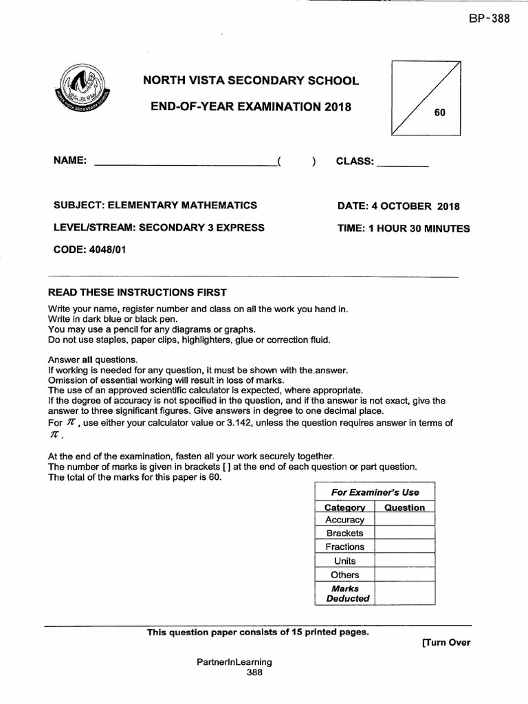 E-Math Sec 3 Sa2 2018 North Vista Sec | PDF