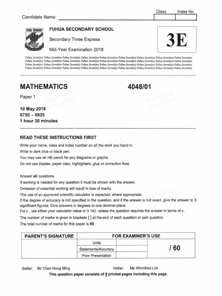 Sec 3 E Math Fuhua Sec SA1 2018i | PDF | Elementary Mathematics | Mathematics