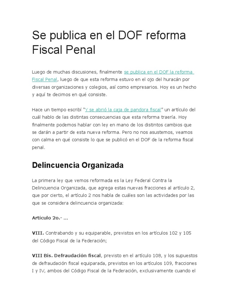 Se Publica en El DOF Reforma Fiscal Penal PDF