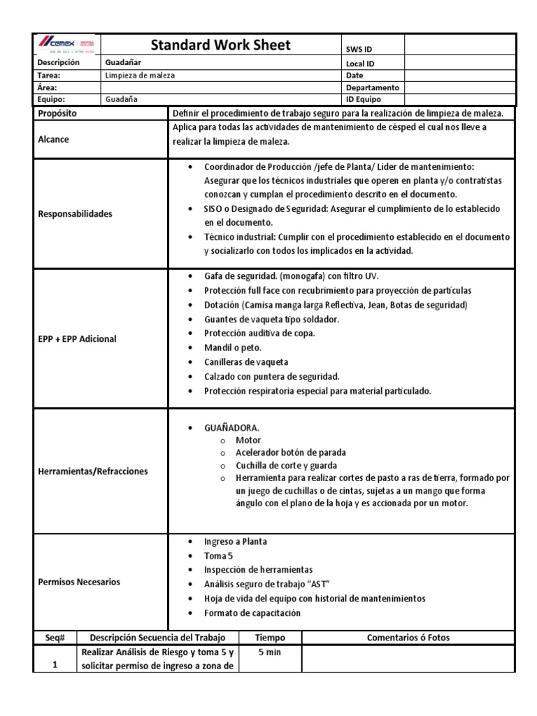 Standard Work Sheet Guadaña PDF