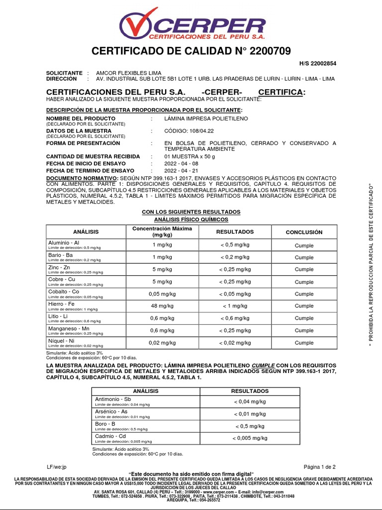 Certificado de Metales Pesados - Cerper | PDF | Cobre | Mercurio (Elemento)