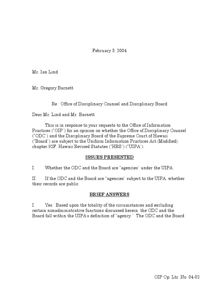 Hawaii Office of Information Practices Opinion No. 0402 Re Office of