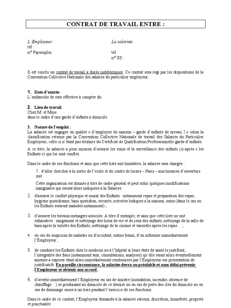 Pajemploi Contrat De Travail Cdd Garde à Domicile