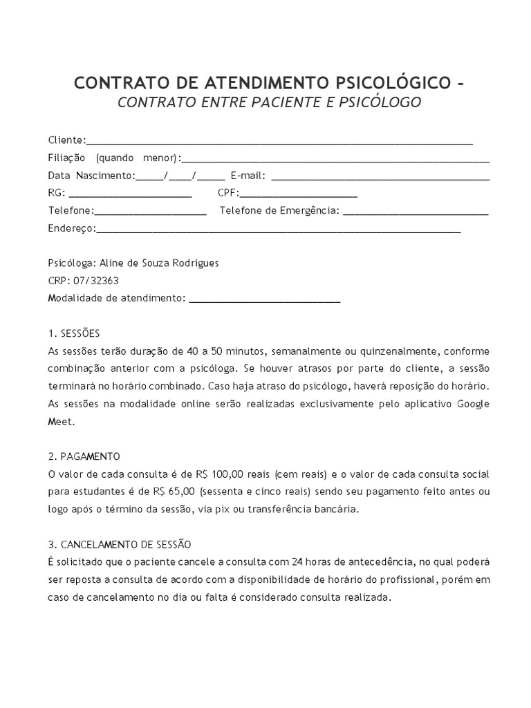 Modelo de Contrato de Atendimento Psicológico PDF Psicologia