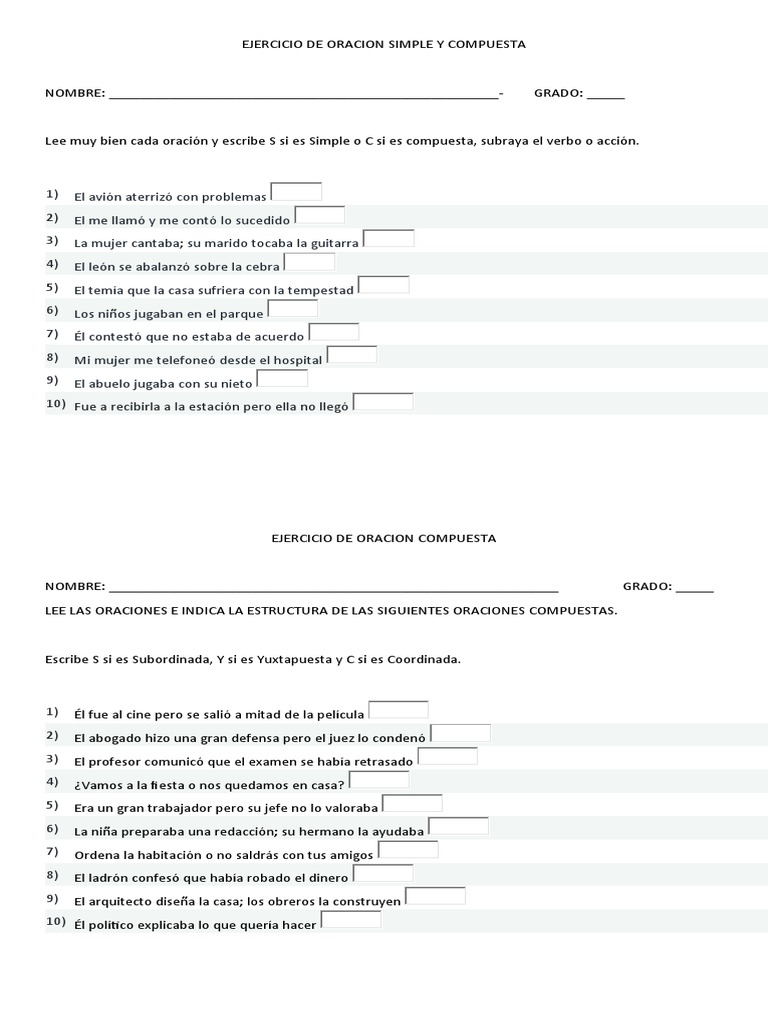 Ejercicios de Oraciones Simples y Compuestas | PDF | Artes del Lenguaje ...