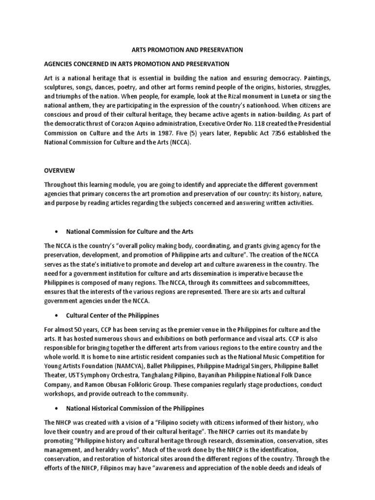 Arts Promotion and Preservation | PDF | Philippines