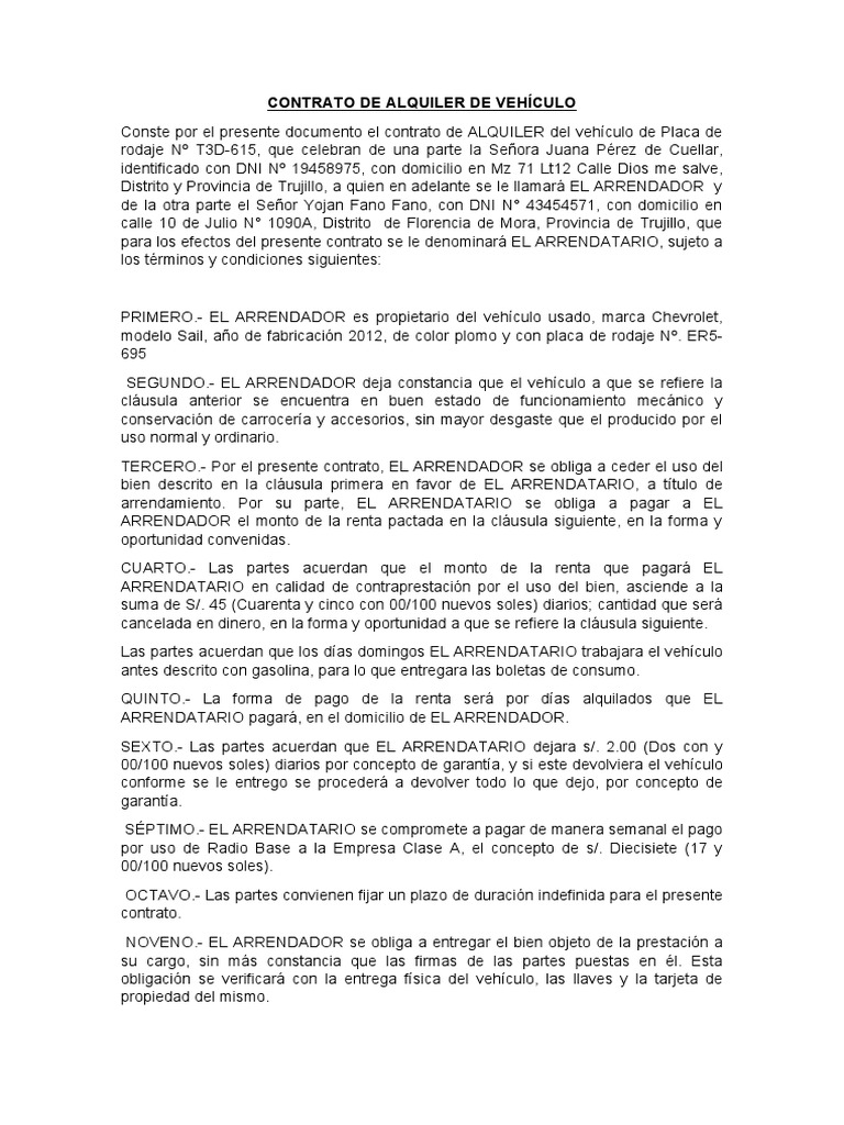 Contrato de Alquiler de Vehículo | PDF | Negocios | Finanzas y dinero