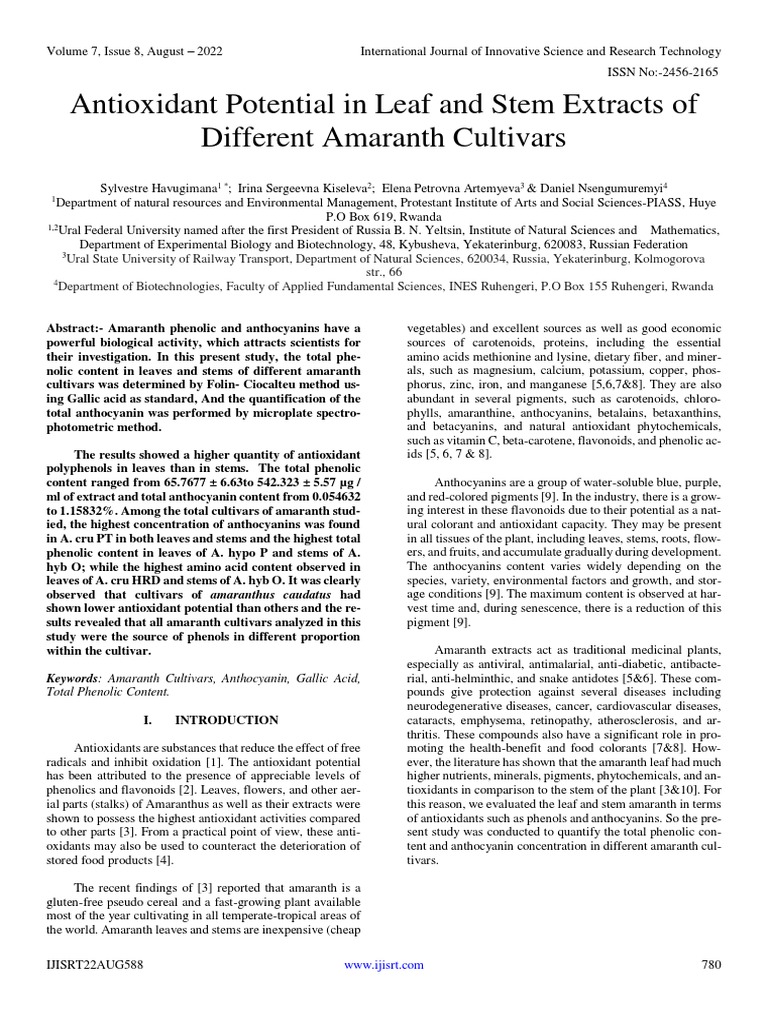 Antioxidant Potential in Leaf and Stem Extracts of Different Amaranth