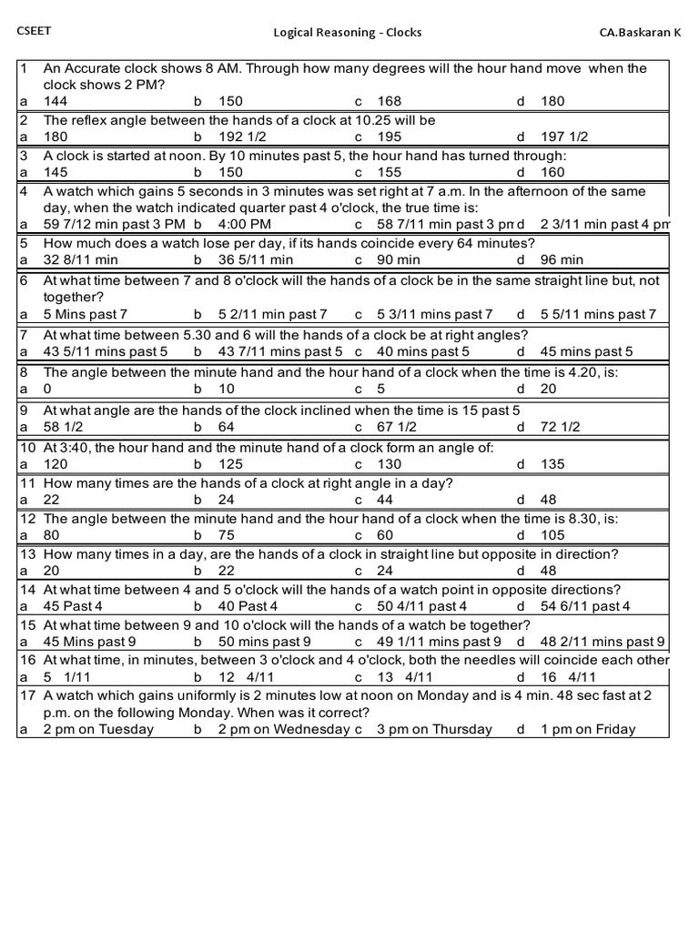 Chapter 1 CSEET Clocks Questions and Basic Concepts PDF Clock Hour