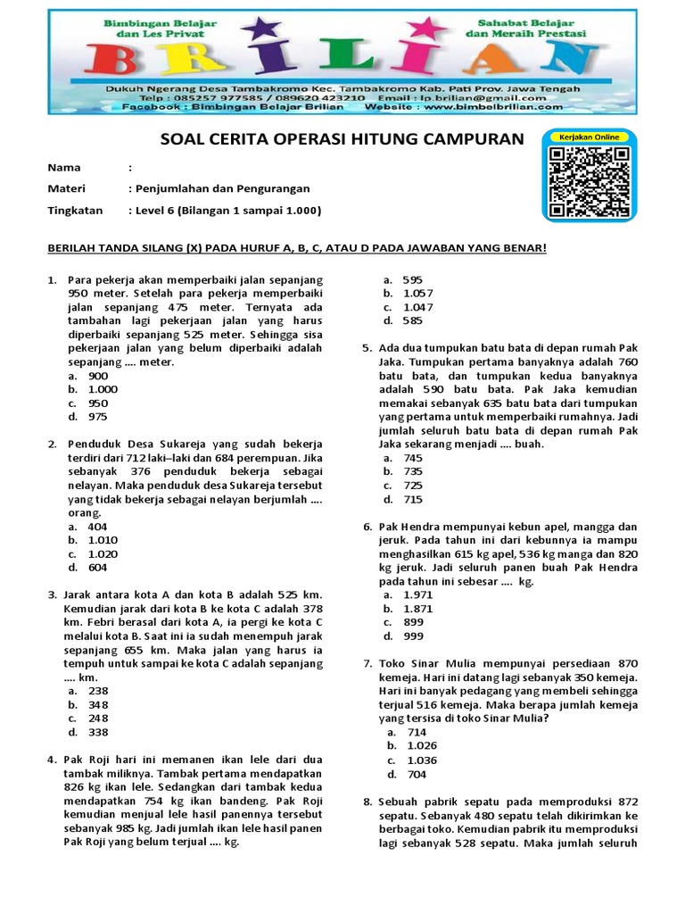 Soal Cerita Penjumlahan Dan Pengurangan Level 6 1 1 000 Dan Kunci