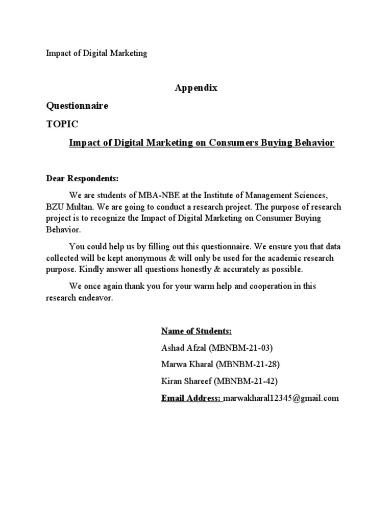Impact of Digital Marketing Questionnaire PDF Social Media