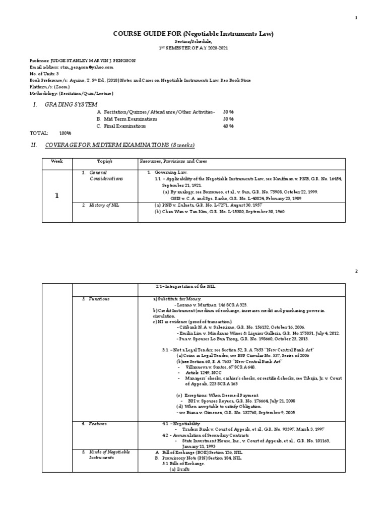 Course Guide For Negotiable Instruments Law Ay 2020 21 | PDF | Cheque ...