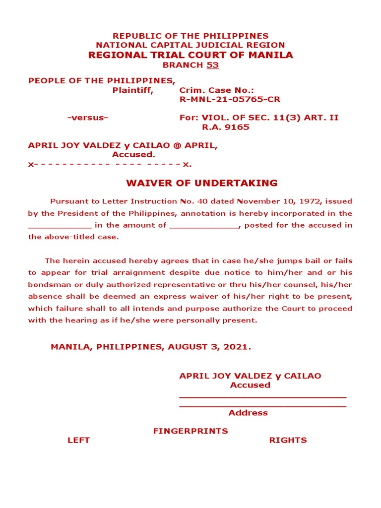 Waiver of Undertaking in Criminal Case | PDF | Social Science | Law