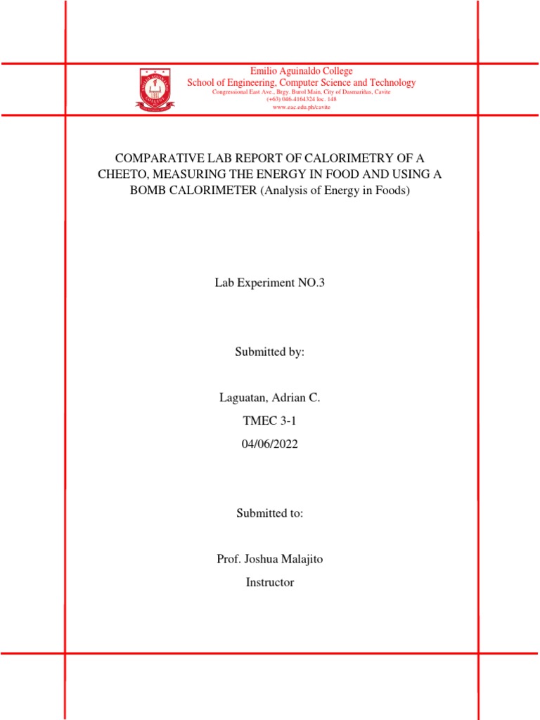 Laguatan Adrian C. Laboratory Activity 3analysis of Energy in Foods ME Lab 1 PDF Calorie