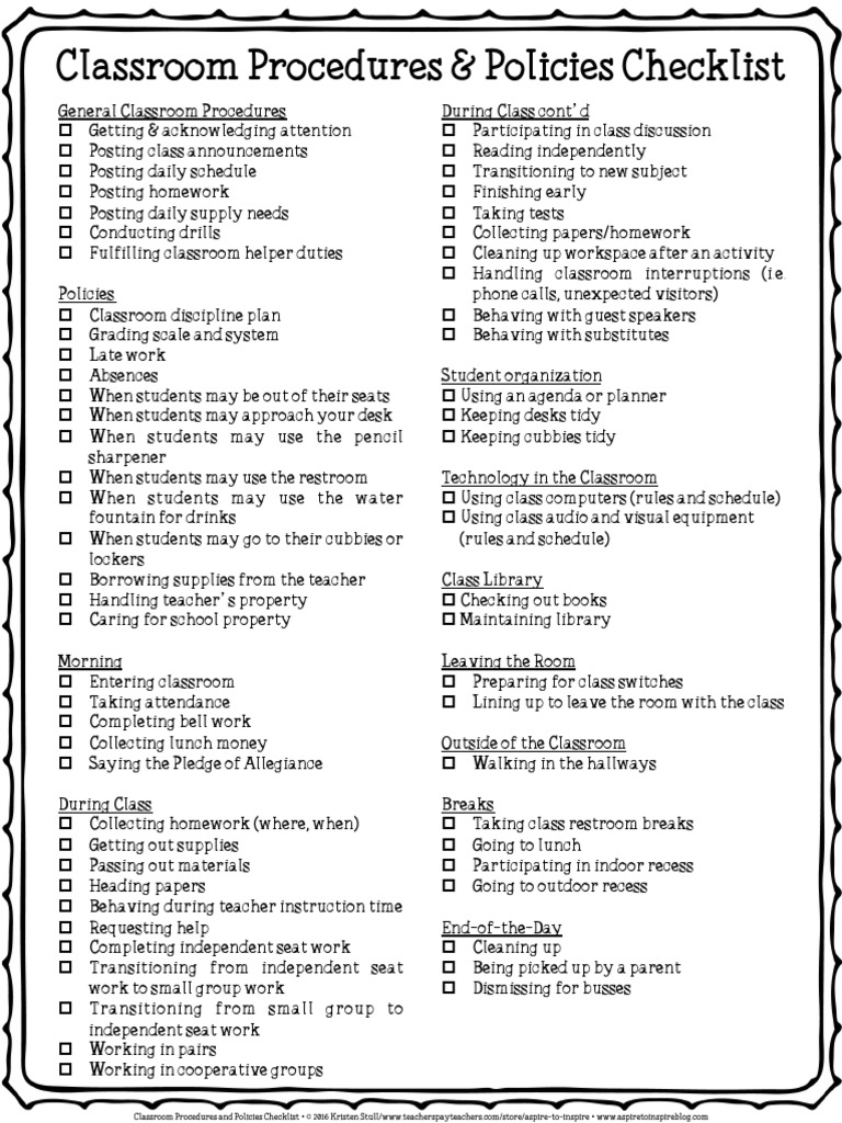 Classroom Procedures Checklist Pdf Classroom Learning