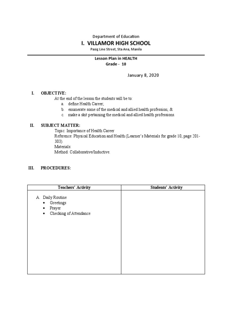 Planning for Health Career 4As Lesson Plan PDF