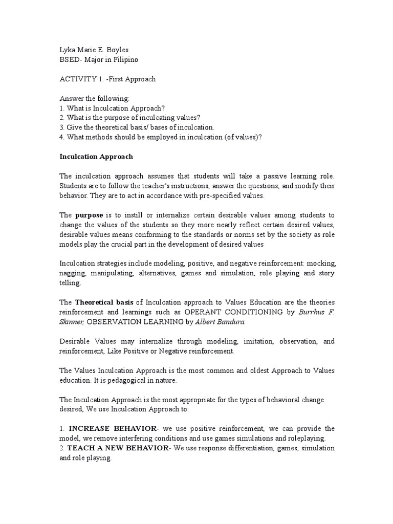 Inculcation Approach in Values Education | PDF