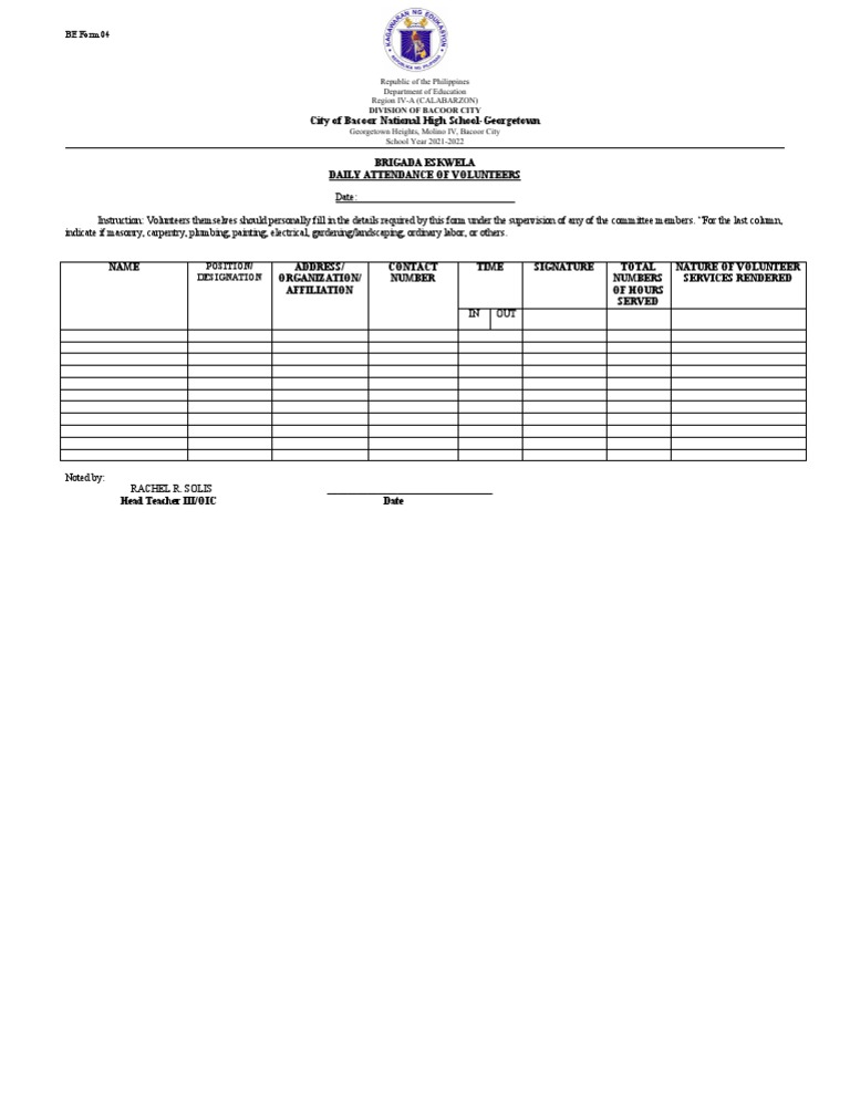 Cbnhs Be Form 4 Daily Attendance of Volunteers PDF