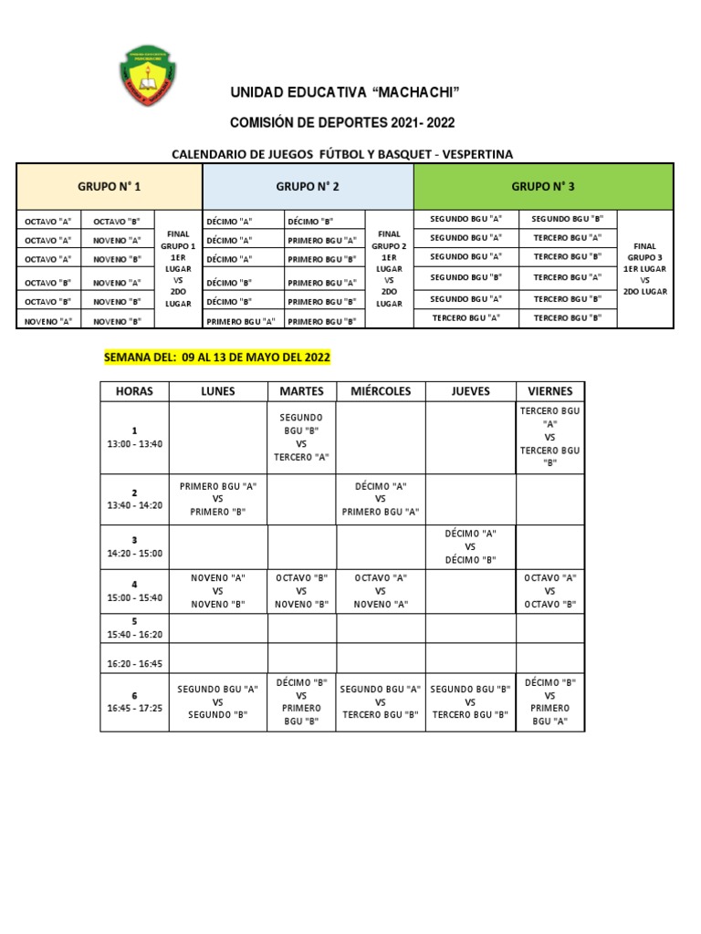 Calendario De Juegos De Fútbol Y Básquetbol De La Unidad Educativa