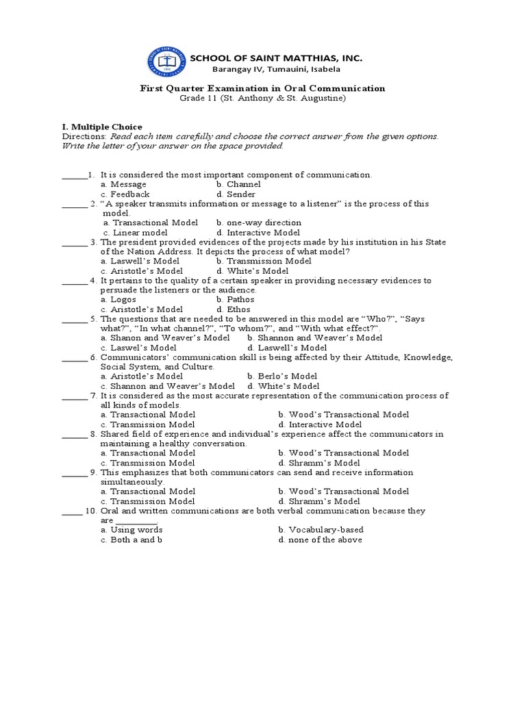 Oral Communication Exam PDF Communication Linguistics