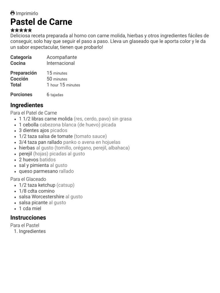 Pastel de Carne Print PDF Salsa Panes
