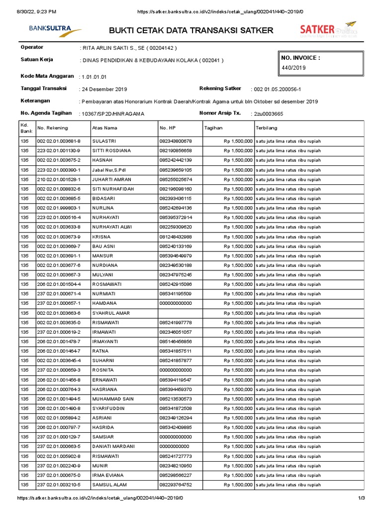Bukti Cetak Data Transaksi Satker | PDF