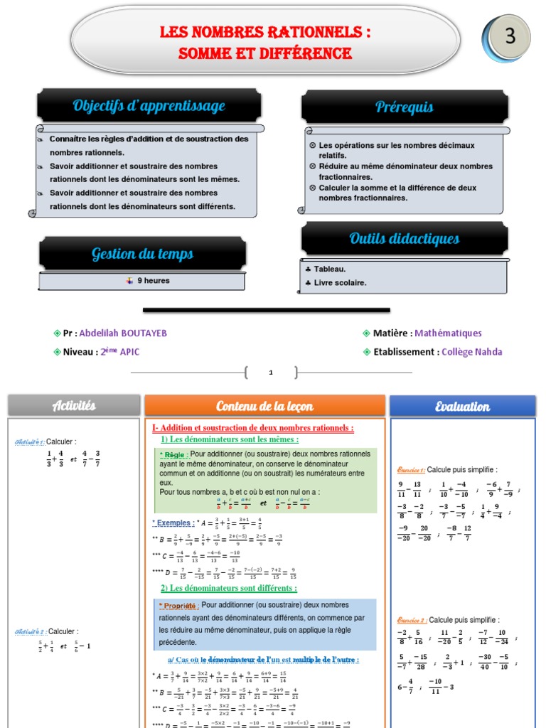 Addition et Soustraction des Nombres Rationnels | PDF | Mathématiques ...
