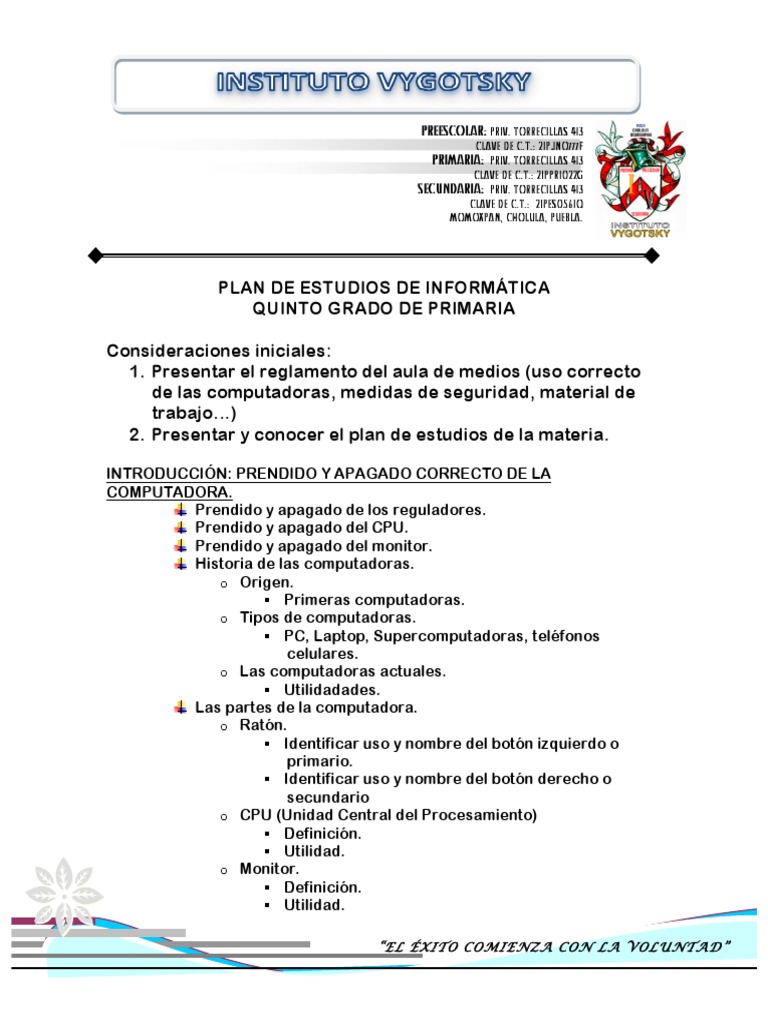 Plan de Estudios de Informática 5° Primaria | PDF | Microsoft Excel ...