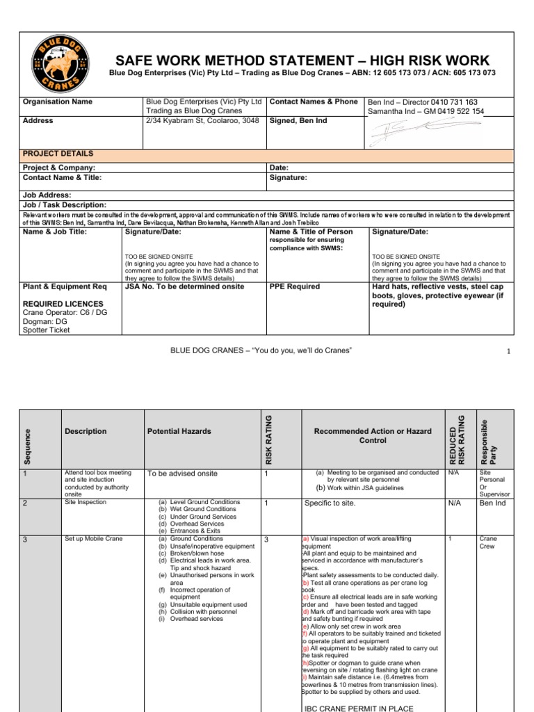 SWMS Template PDF Occupational Safety And Health Personal