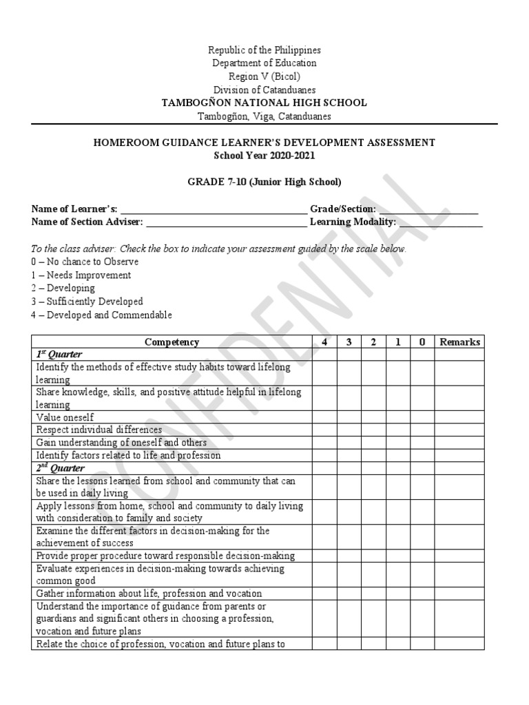 Homeroom Guidance Assessment 2020-2021 | PDF | Learning | Decision Making