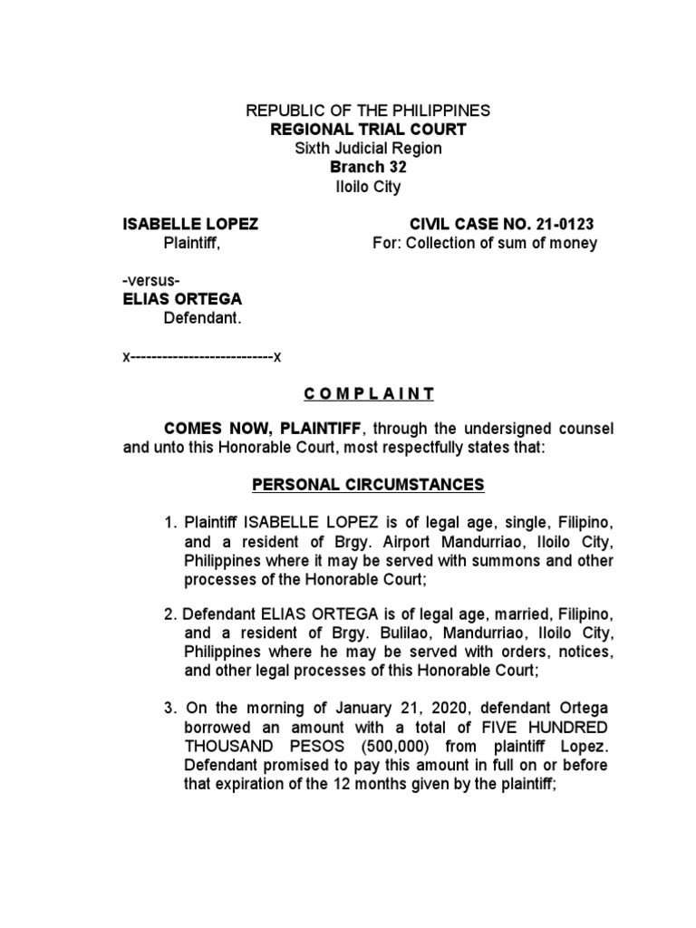 Sample Civil Complaint for Debt Collection | PDF | Lawsuit | Damages