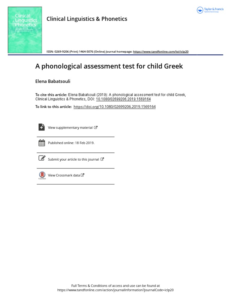 Babatsouli (2019) A Phonological Assessment Test For Child Greek | PDF ...