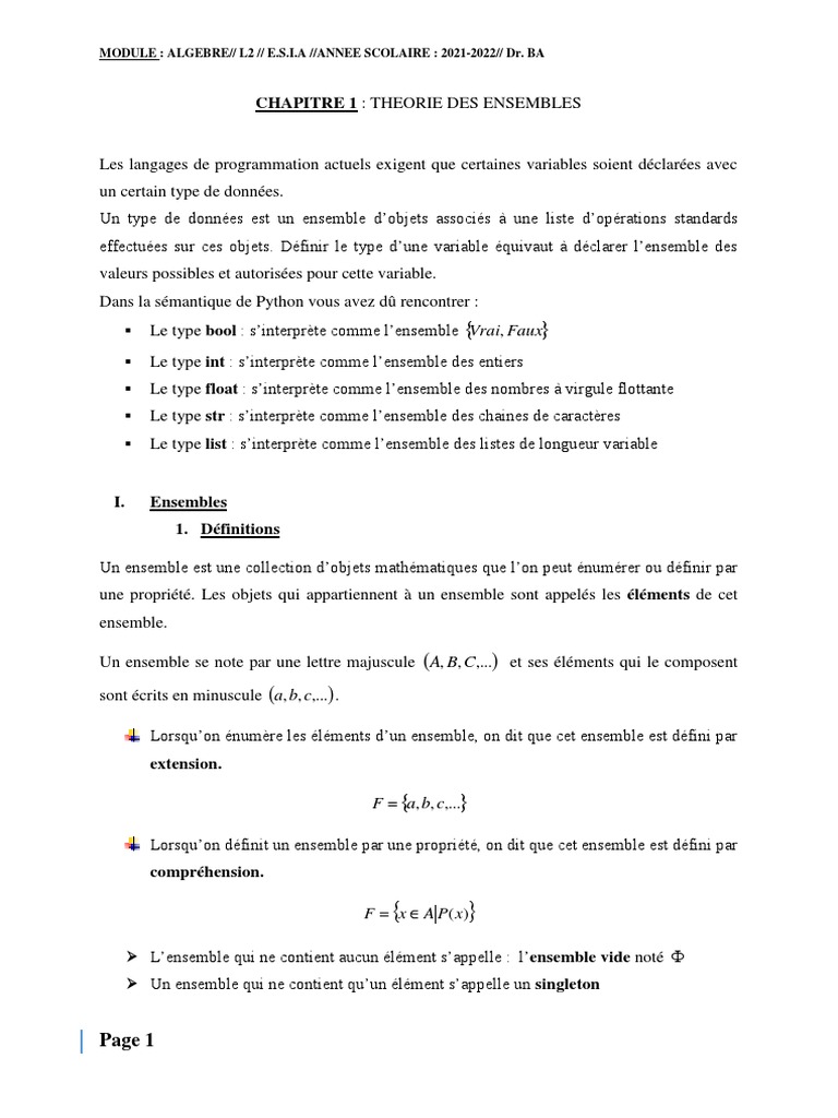 CHAPITRE 1 Théorie Des Ensembles | PDF | Ensemble (Mathématiques ...