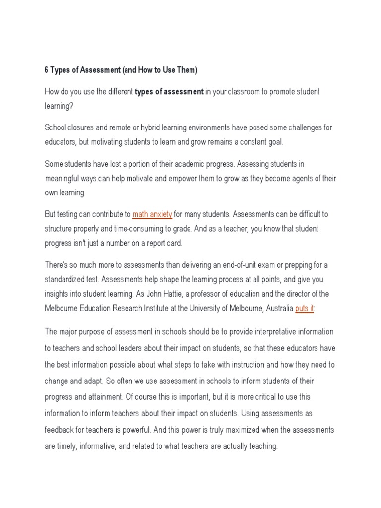 Six Types of Classroom Assessments | PDF | Educational Assessment ...