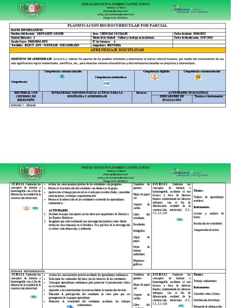 Microplan. 1ro Btu. Historia Parcial 1 | PDF | Aprendizaje | Evaluación