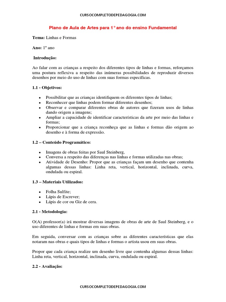 Plano de Aula de Artes para 1° Ano Do Ensino Fundamental | PDF ...
