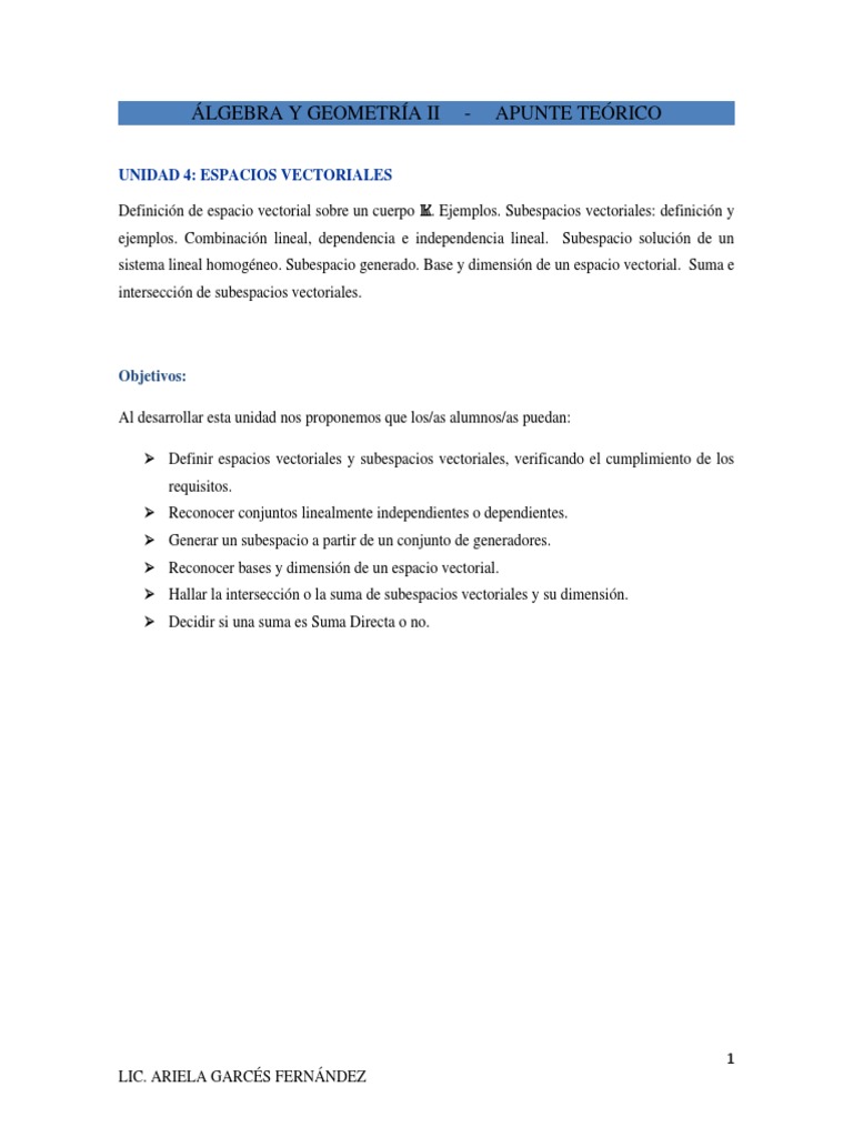 álgebra Y Geometría Ii Espacios Vectoriales Pdf Espacio Vectorial