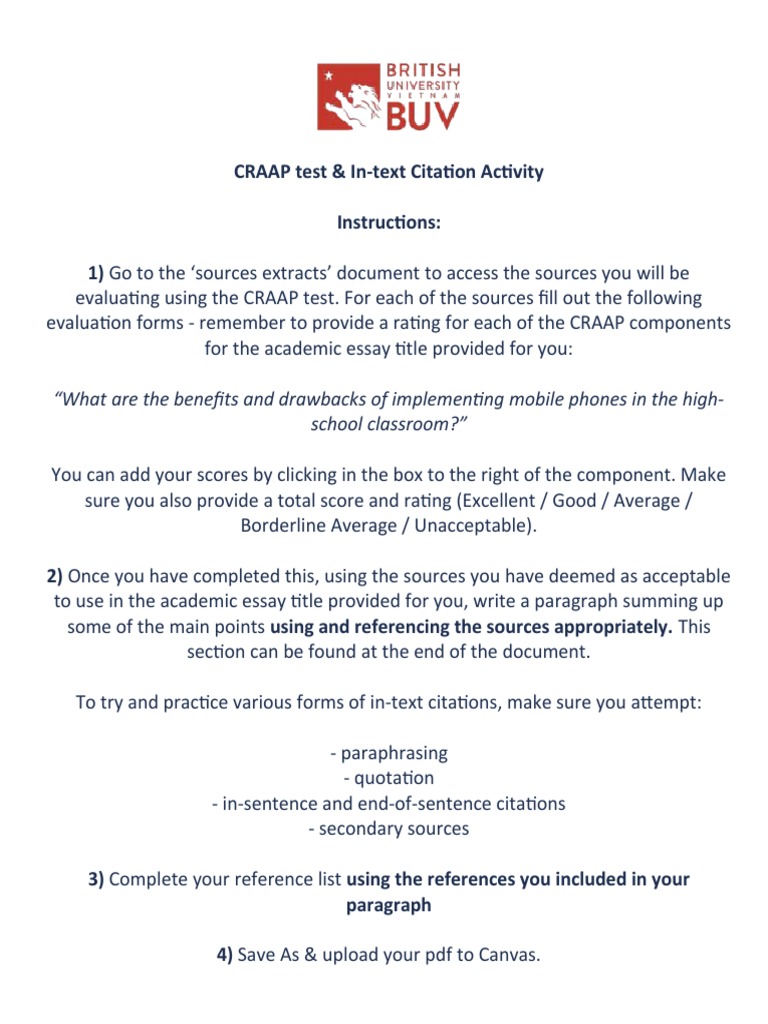 CRAAP Test Activity Word PDF Cognitive Science Cognition