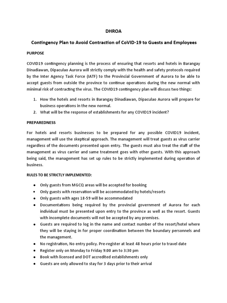 Contingency Plan Pdf Hotel Epidemiology