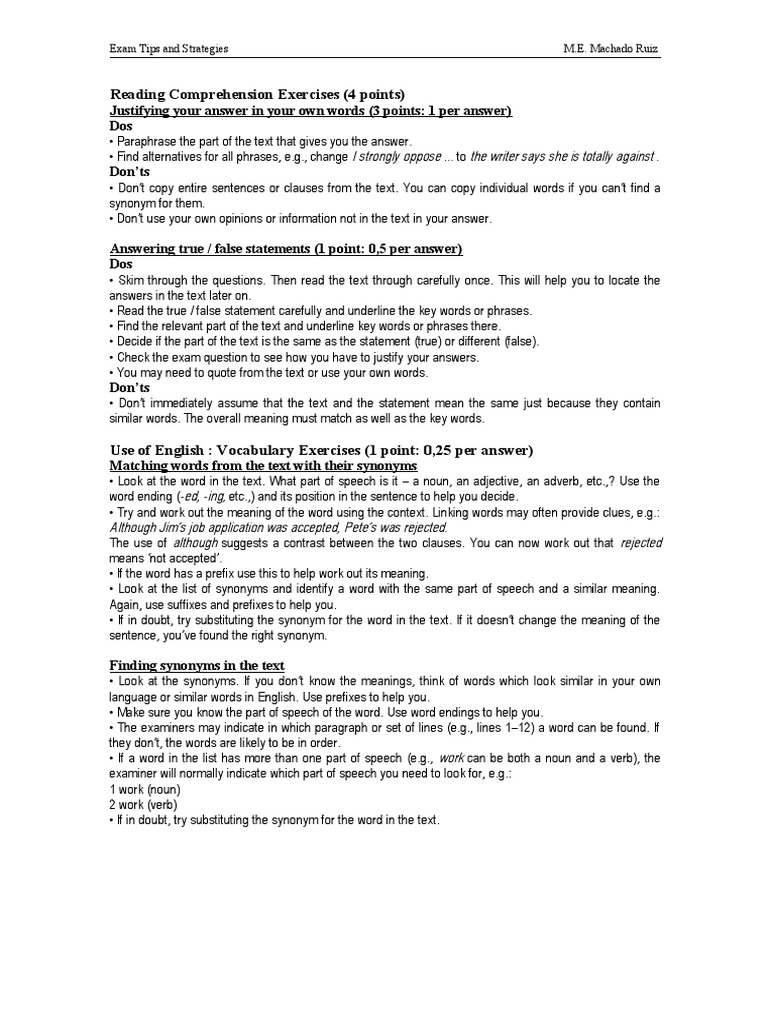 Reading Comprehension Exam Strategies | PDF | Part Of Speech | Word