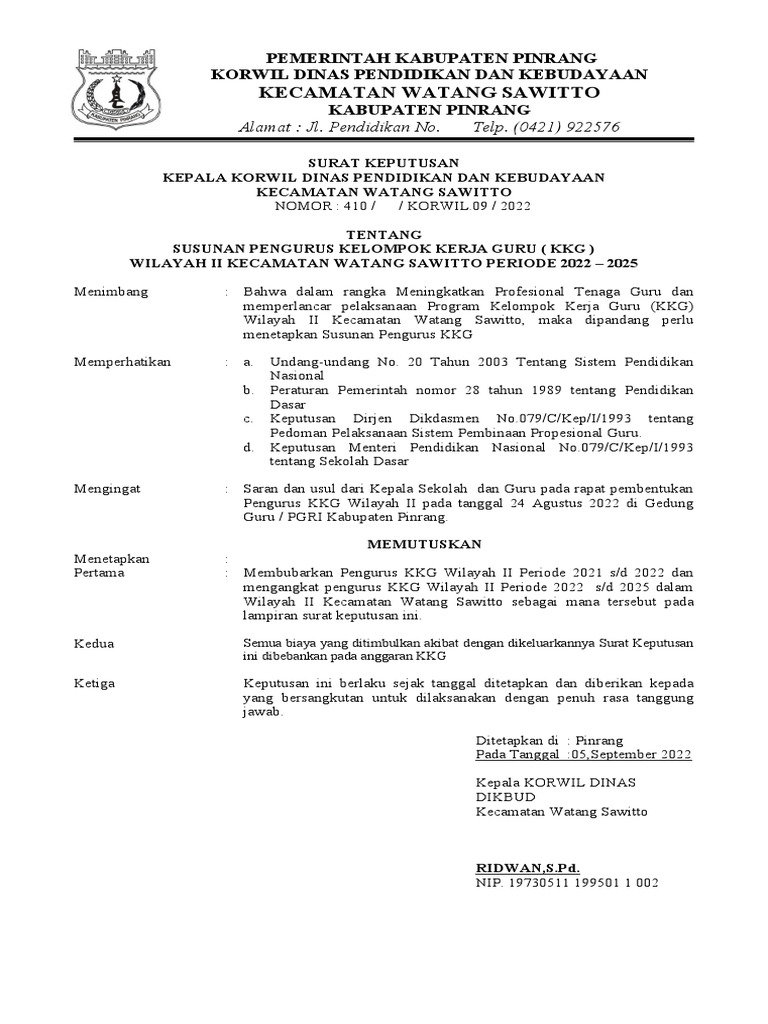 Susunan Pengurus KKG Watang Sawitto 2022-2025 | PDF