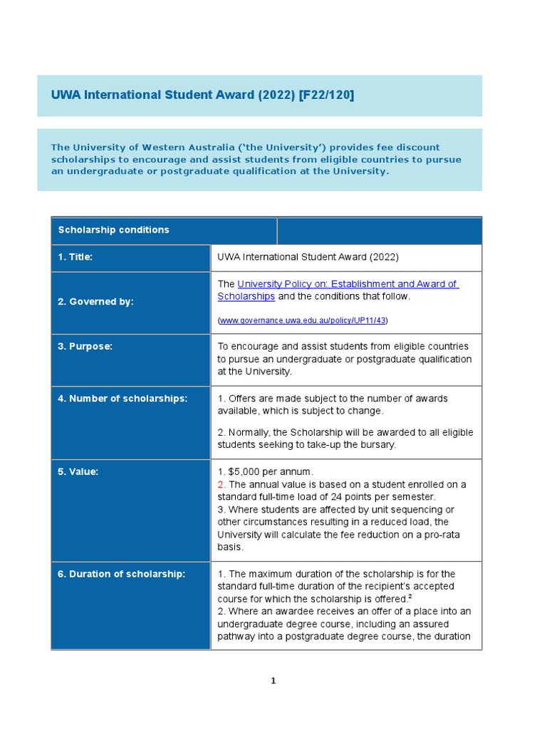 Conditions - UWA International Student Award F22120 | PDF | Bachelor's ...