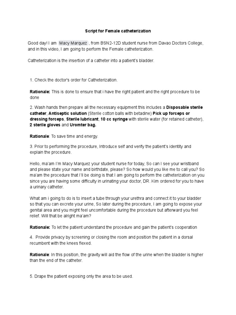 Female Catheterization Procedure A StepbyStep Guide for Student