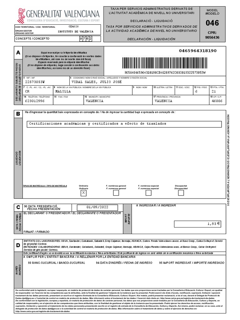 Tasas Modelo 046 Certificados Académicos Título Bachiller | PDF ...